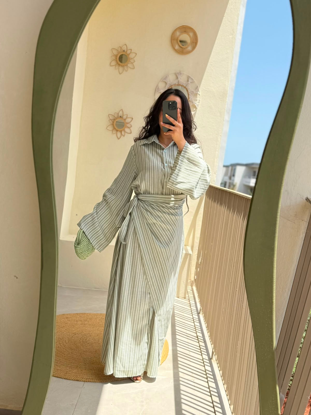 Robe portfeuille rayée - Vert sauge