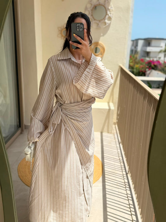 Robe portefeuille rayée - Beige