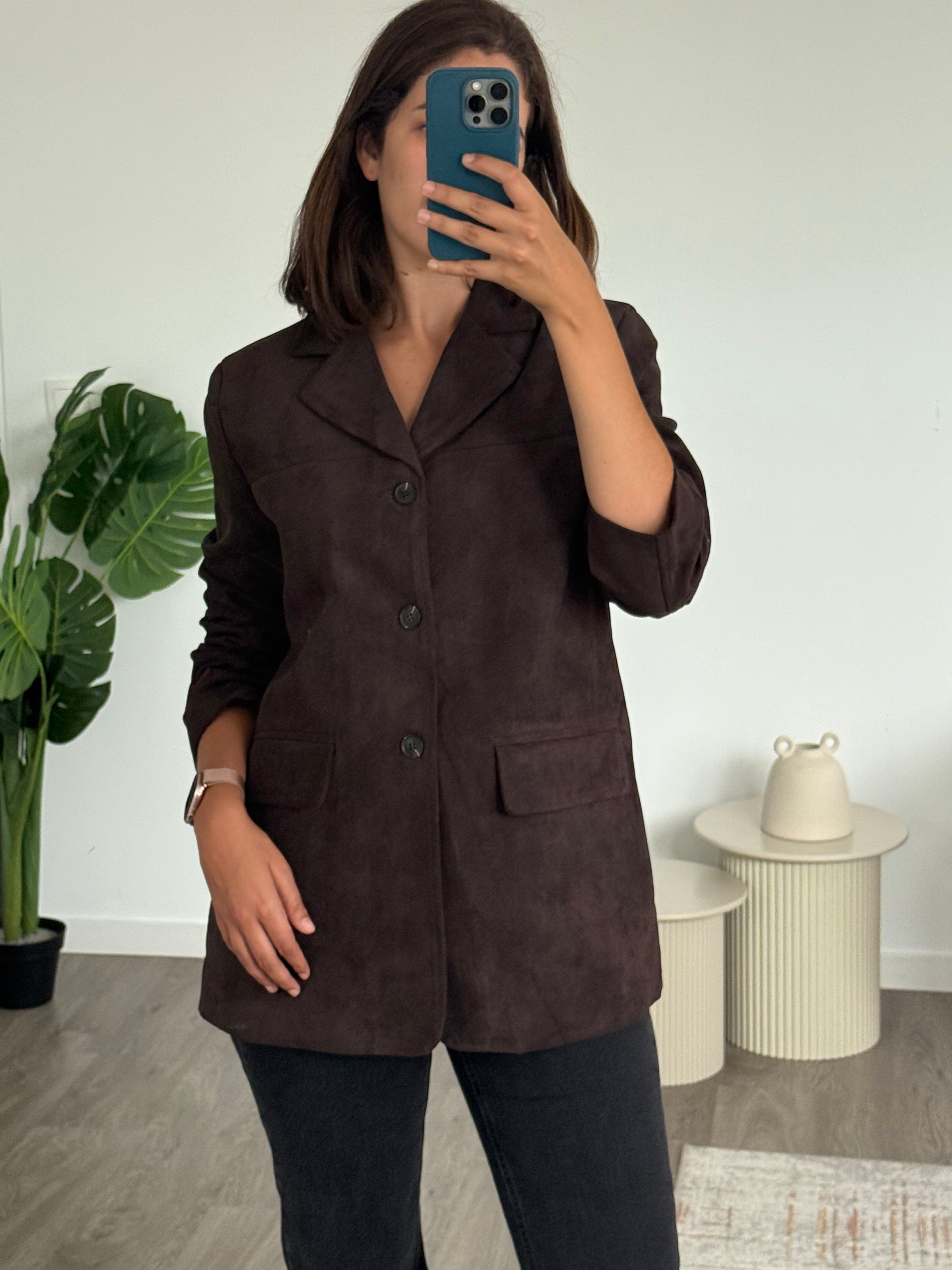 Blazer Coupe Droite en Daim Aubergine
