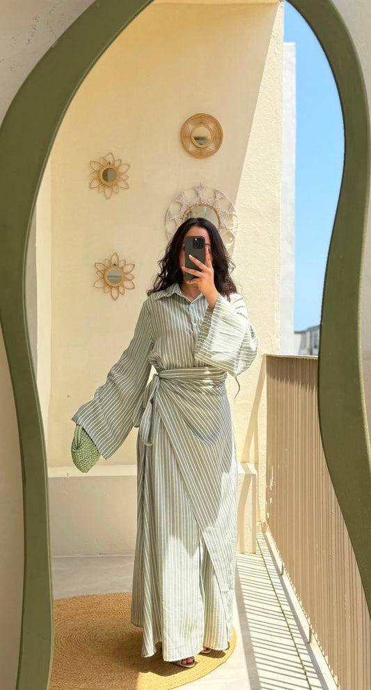 Robe portfeuille rayée - Vert sauge