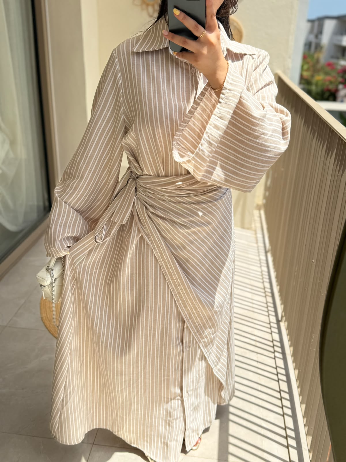 Robe portefeuille rayée - Beige