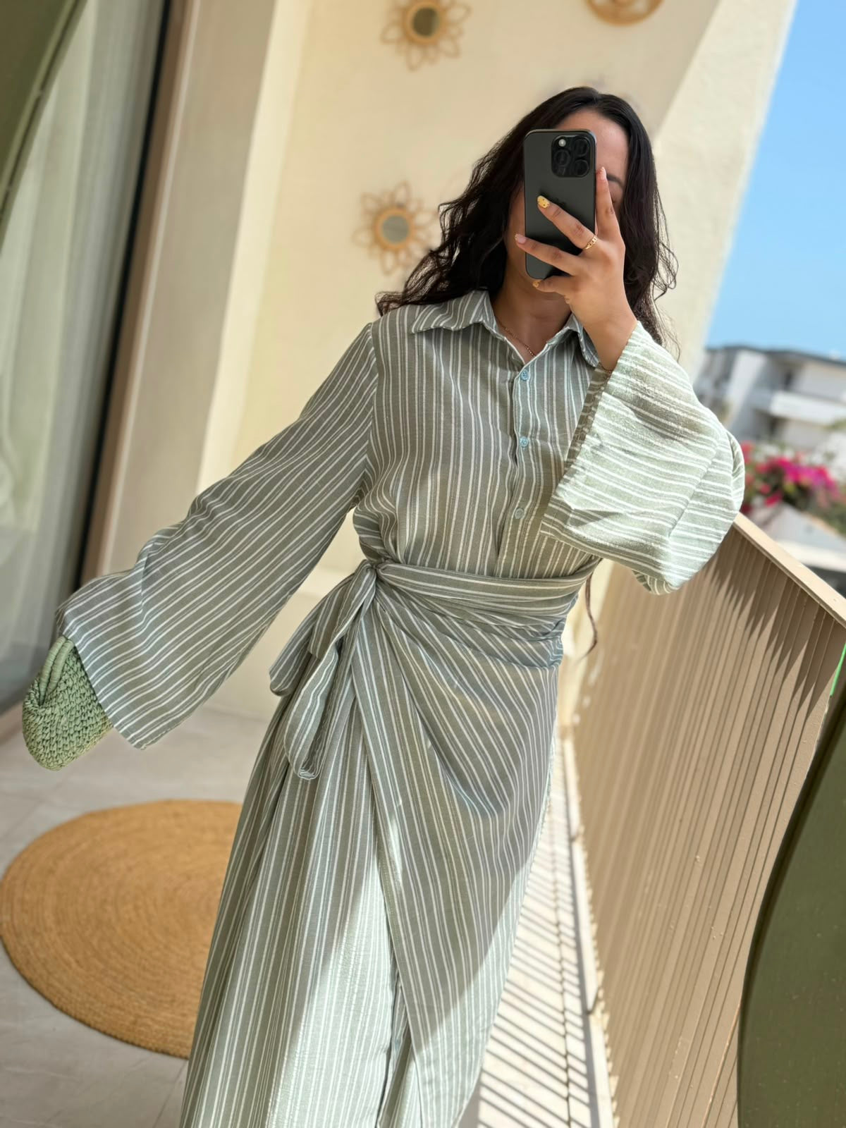 Robe portfeuille rayée - Vert sauge